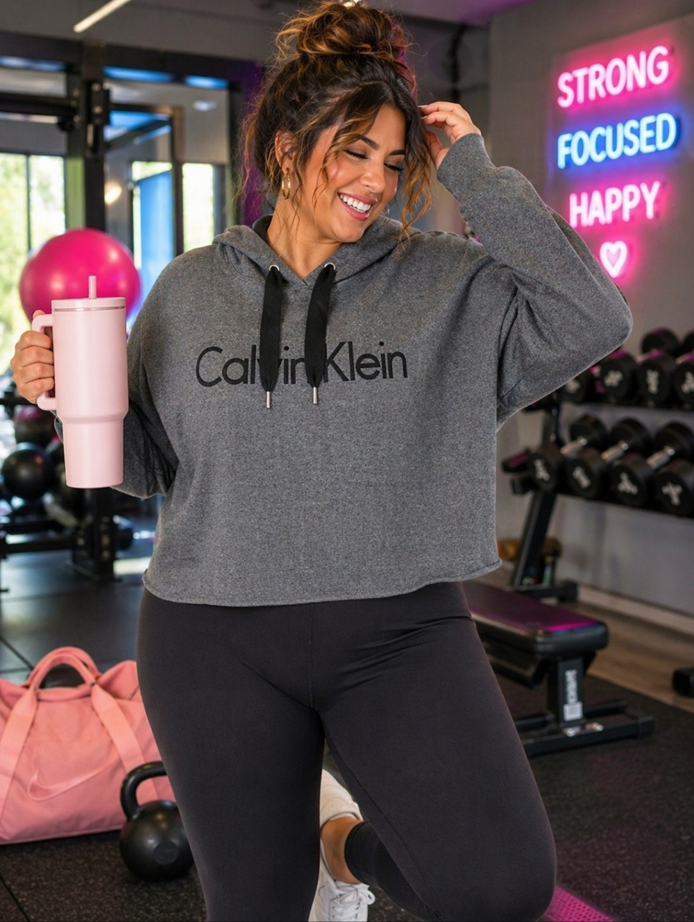 Calvin Klein Performance Cropped Hoodie Grey Heather Oversized (Fits up to 2x)